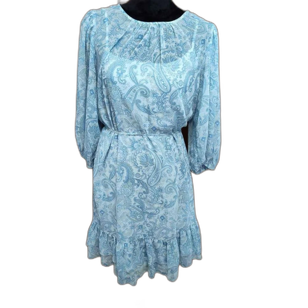 Ann Taylor Dress Womens Medium Blue Paisley Sheer Half Sleeve Ruffle Hemline
